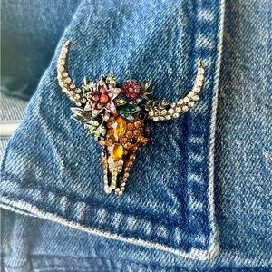 Floral Crystal Bull Skull Brooch